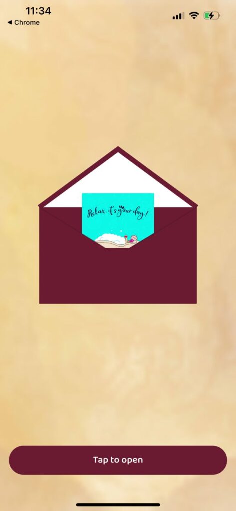 A Lovebox ecard being opened, revealing a card that reads 'Relax, it's your day'
