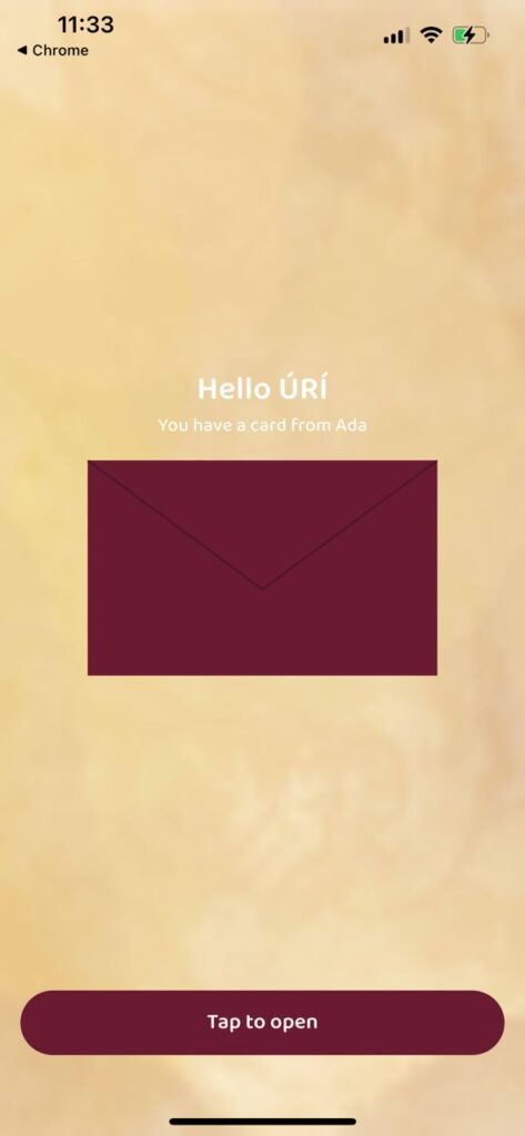 A Lovebox ecard notification showing a sealed envelope with the message 'You have a card from Ada'
