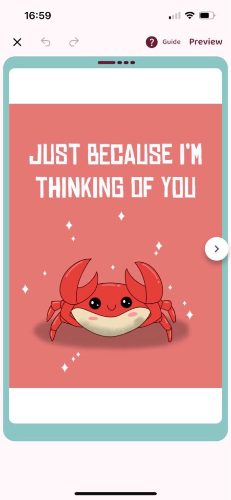Lovebox ecard with a cute crab illustration that reads Just Because I'm Thinking of You on a pink background