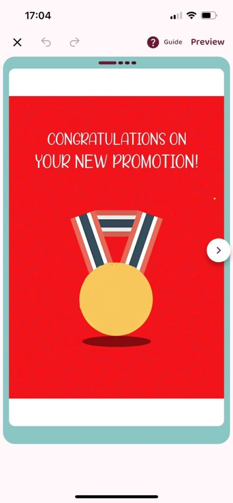 Lovebox ecard with a gold medal that reads Congratulations on Your New Promotion on a red background
