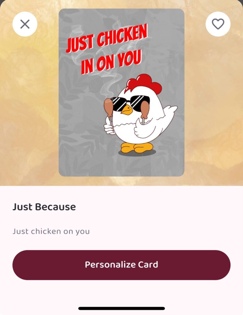 Lovebox ecard with a cartoon chicken in sunglasses that reads Just Chicken In On You on a grey background.